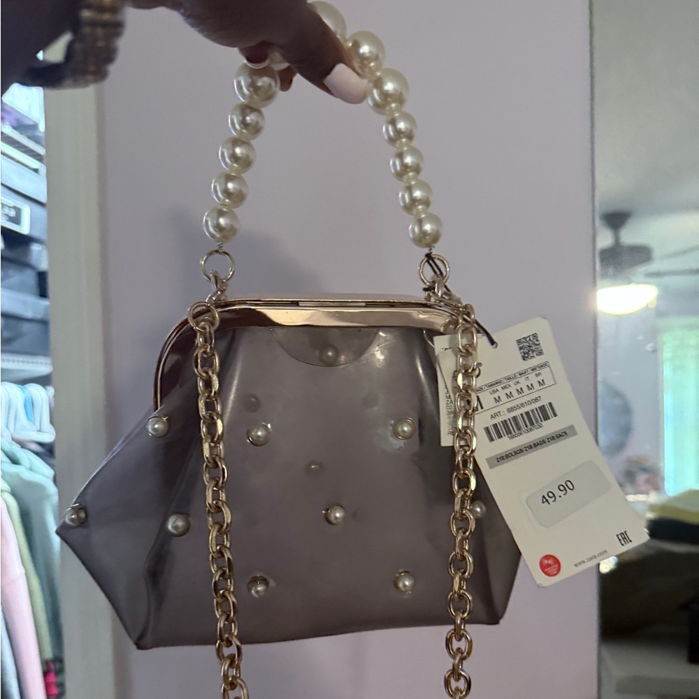 Zara Pearl-Embellished Mini Bag in Gray